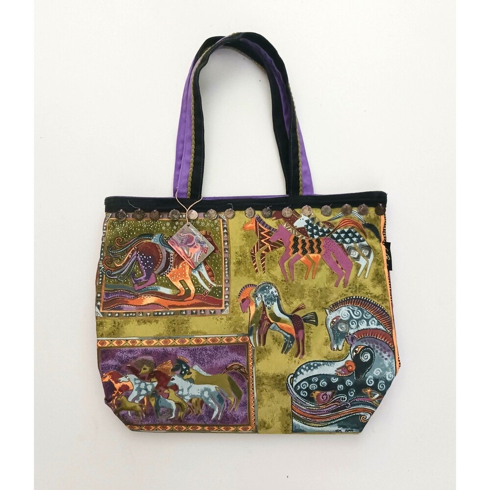Laurel Birch XLg Tote Bag Wild Abstract Horses Purple Olive Green Canvas 18X15